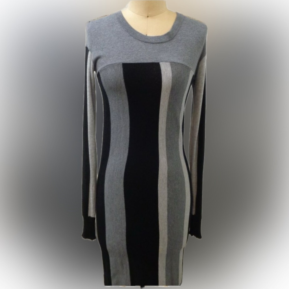 BCBGMaxAzria Black & Grey Striped Long Sleeve Sweater Dress